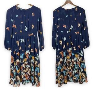 Gyalwana | Navy Butterfly Novelty Print Long Sleeve Chiffon Midi Dress